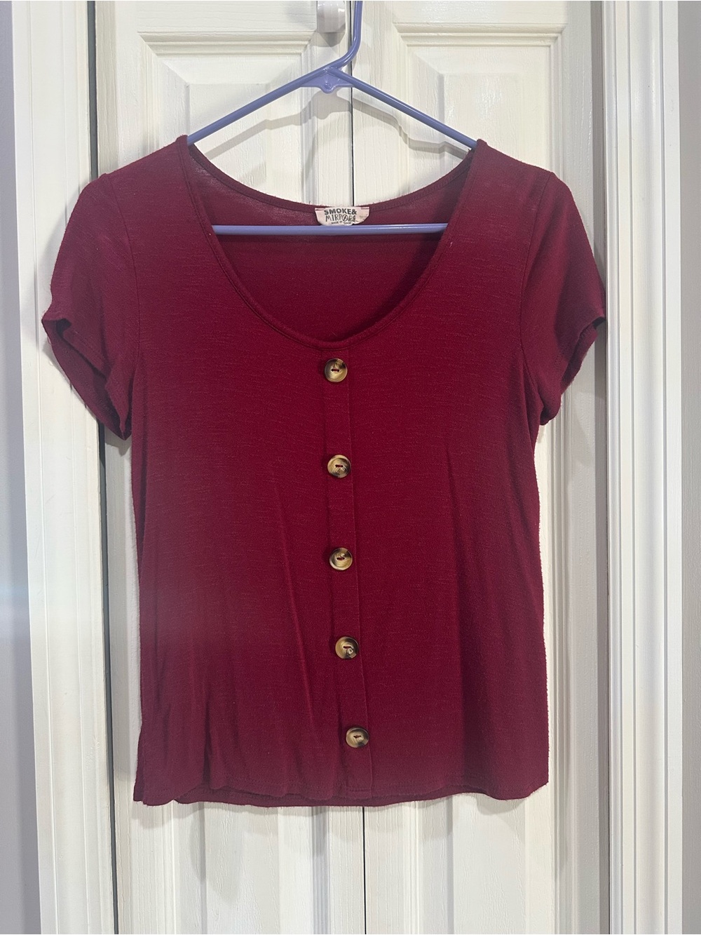 Button-Front Scoop Neck Top - Burgundy Smoke & Mirrors XS